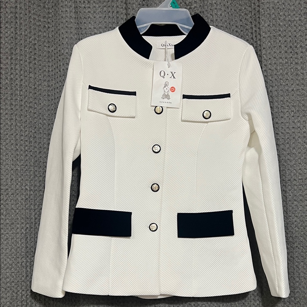 White Textured Blazer with Contrast black Collar